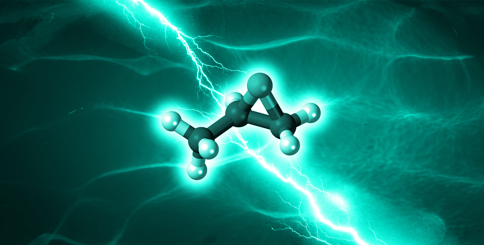 An artist's concept of propylene oxide being created. A ball-and-stick molecule model is seen in front of a watery background with electricity.